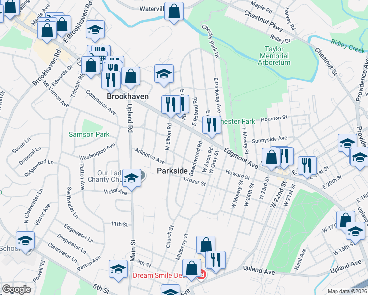 map of restaurants, bars, coffee shops, grocery stores, and more near 31 West Chelton Road in Brookhaven