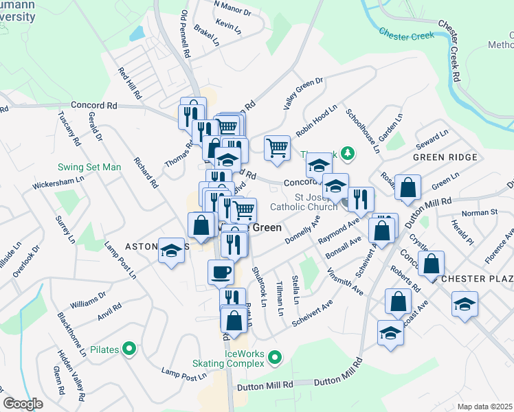 map of restaurants, bars, coffee shops, grocery stores, and more near 414 Shubrook Lane in Aston