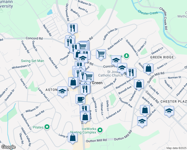 map of restaurants, bars, coffee shops, grocery stores, and more near 414 Shubrook Lane in Aston