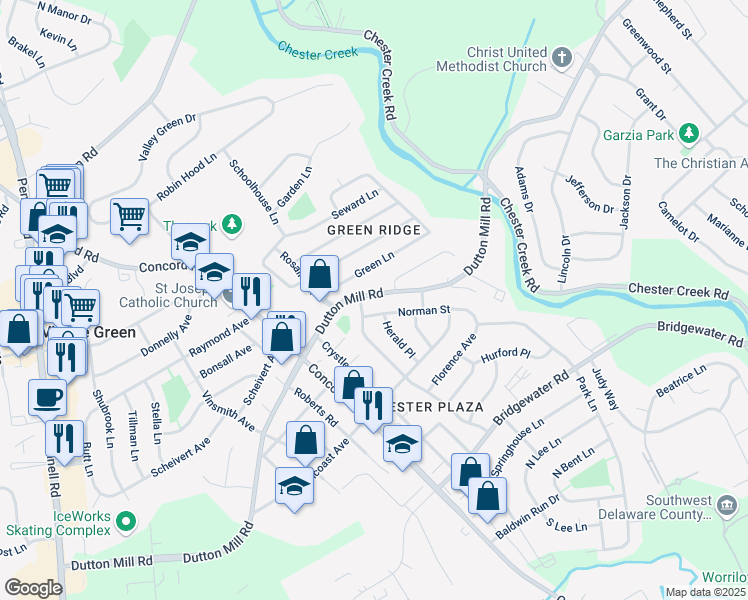 map of restaurants, bars, coffee shops, grocery stores, and more near 1955 Dutton Mill Road in Aston