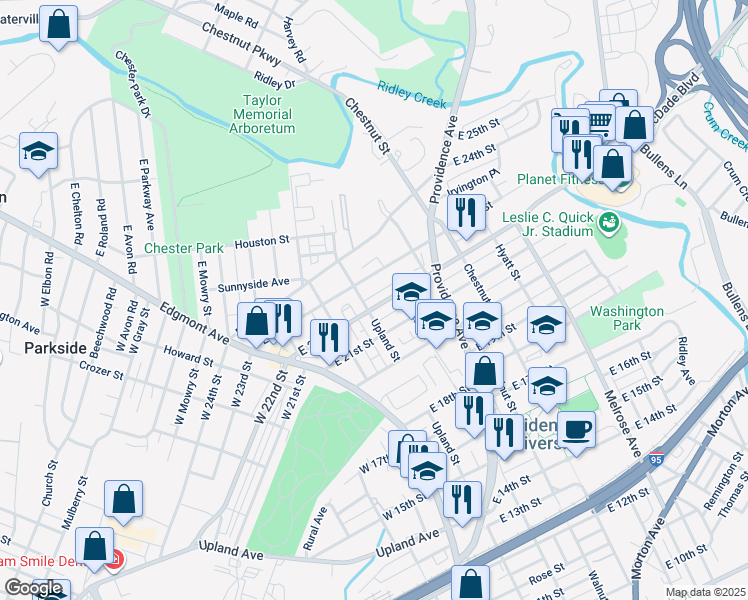 map of restaurants, bars, coffee shops, grocery stores, and more near 208 East 22nd Street in Chester