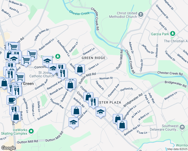 map of restaurants, bars, coffee shops, grocery stores, and more near 1955 Dutton Mill Road in Aston