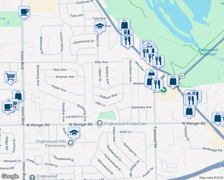 map of restaurants, bars, coffee shops, grocery stores, and more near 311 Oldham Way in Englewood
