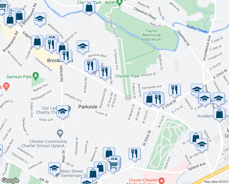 map of restaurants, bars, coffee shops, grocery stores, and more near 2602 Edgmont Avenue in Brookhaven