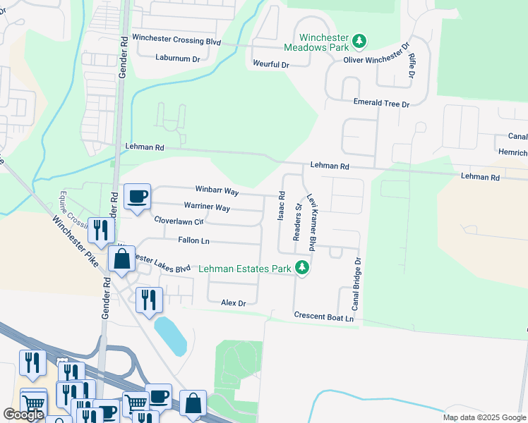 map of restaurants, bars, coffee shops, grocery stores, and more near 5719 Danmar Drive in Canal Winchester