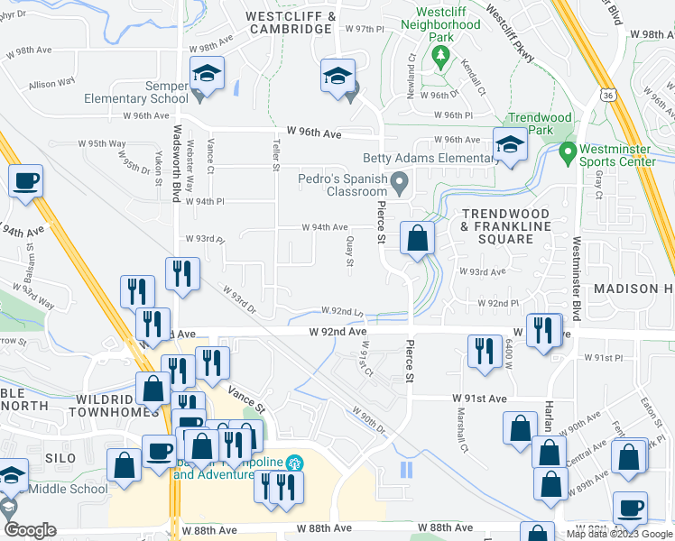 map of restaurants, bars, coffee shops, grocery stores, and more near 9315 Quay Street in Westminster