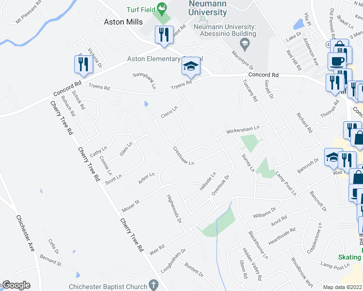 map of restaurants, bars, coffee shops, grocery stores, and more near 2252 Gettysburg Drive in Aston