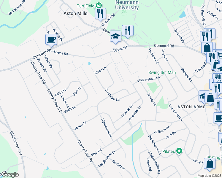 map of restaurants, bars, coffee shops, grocery stores, and more near 2252 Gettysburg Drive in Aston