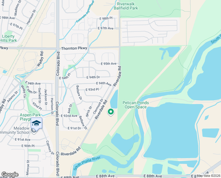 map of restaurants, bars, coffee shops, grocery stores, and more near 9190 Riverdale Road in Thornton