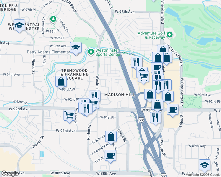 map of restaurants, bars, coffee shops, grocery stores, and more near in Westminster