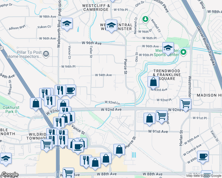 map of restaurants, bars, coffee shops, grocery stores, and more near 9315 Quay Street in Westminster