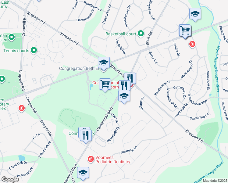 map of restaurants, bars, coffee shops, grocery stores, and more near in Voorhees Township