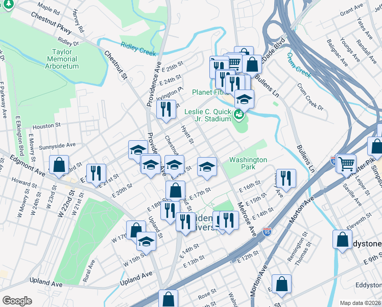 map of restaurants, bars, coffee shops, grocery stores, and more near 414 East 19th Street in Chester