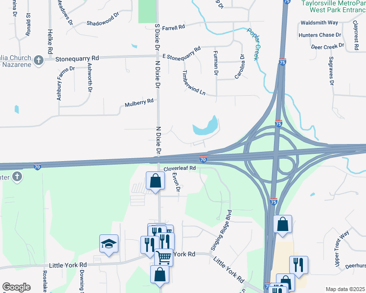 map of restaurants, bars, coffee shops, grocery stores, and more near 208 Appaloosa Court in Dayton
