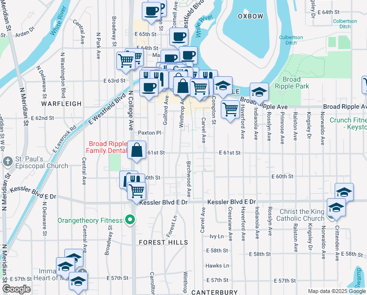map of restaurants, bars, coffee shops, grocery stores, and more near 6048 Winthrop Avenue in Indianapolis