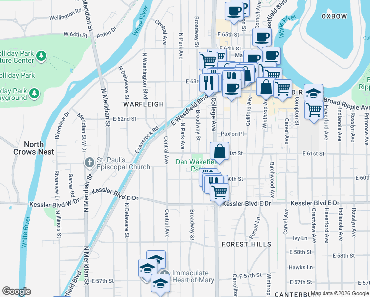map of restaurants, bars, coffee shops, grocery stores, and more near 6104 Broadway Street in Indianapolis