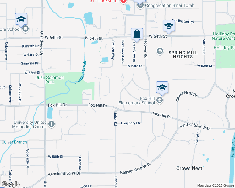 map of restaurants, bars, coffee shops, grocery stores, and more near 6105 Forest View Drive in Indianapolis