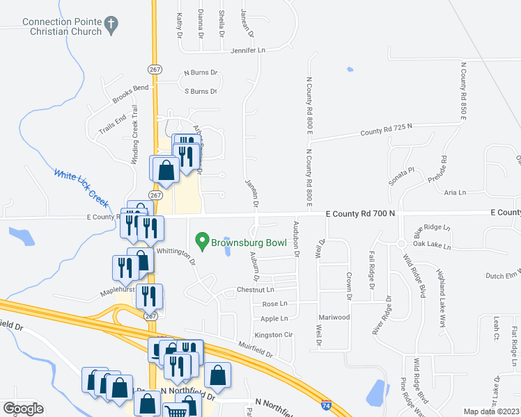 map of restaurants, bars, coffee shops, grocery stores, and more near 7029 Janean Drive in Brownsburg