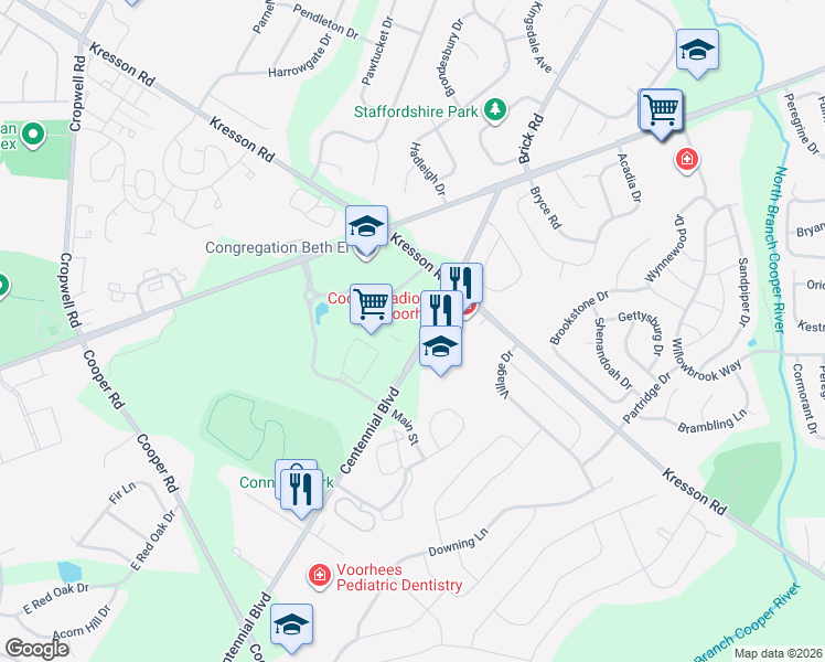 map of restaurants, bars, coffee shops, grocery stores, and more near 901 Centennial Boulevard in Voorhees Township