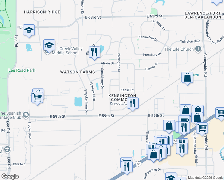 map of restaurants, bars, coffee shops, grocery stores, and more near 6031 Draycott Drive in Indianapolis