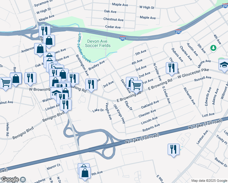 map of restaurants, bars, coffee shops, grocery stores, and more near 216 2nd Avenue in Bellmawr