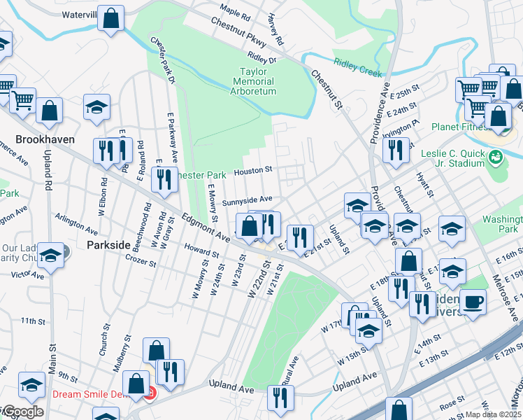 map of restaurants, bars, coffee shops, grocery stores, and more near 104 East 24th Street in Chester