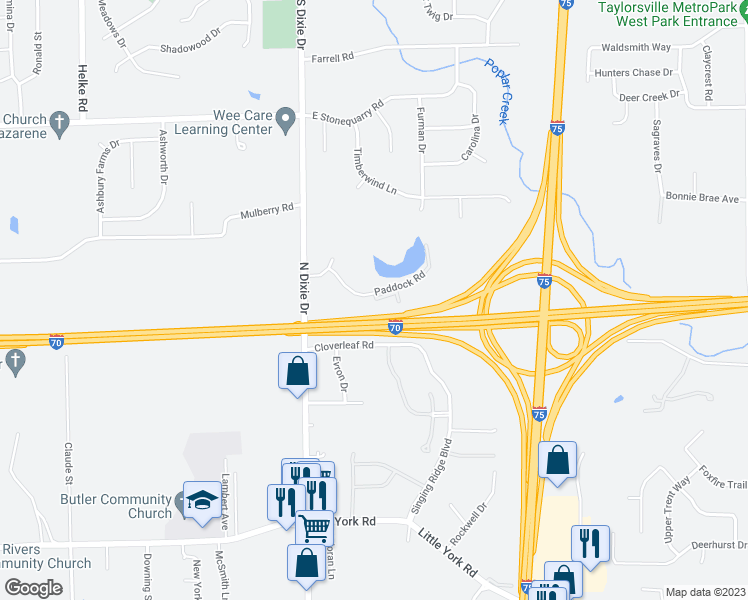 map of restaurants, bars, coffee shops, grocery stores, and more near 208 Appaloosa Court in Dayton