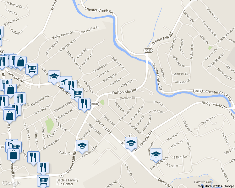 map of restaurants, bars, coffee shops, grocery stores, and more near 1905 Dutton Mill Road in Aston