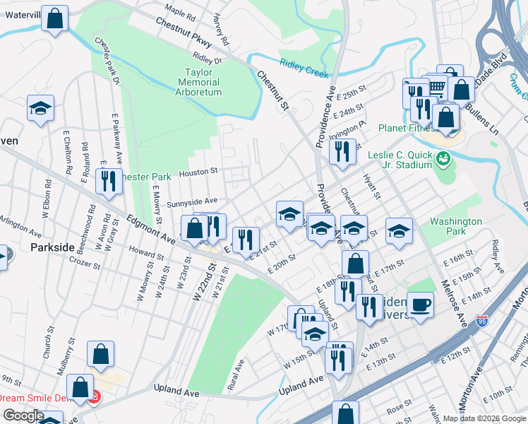 map of restaurants, bars, coffee shops, grocery stores, and more near 116 East 22nd Street in Chester