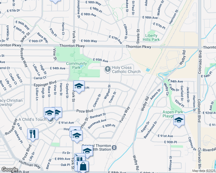 map of restaurants, bars, coffee shops, grocery stores, and more near 2721 East 93rd Place in Thornton