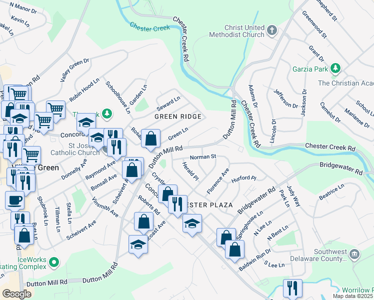 map of restaurants, bars, coffee shops, grocery stores, and more near 1905 Dutton Mill Road in Aston
