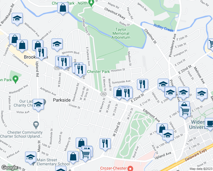map of restaurants, bars, coffee shops, grocery stores, and more near 25 East Mowry Street in Chester