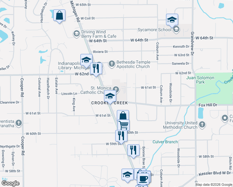 map of restaurants, bars, coffee shops, grocery stores, and more near 6131 Michigan Road in Indianapolis