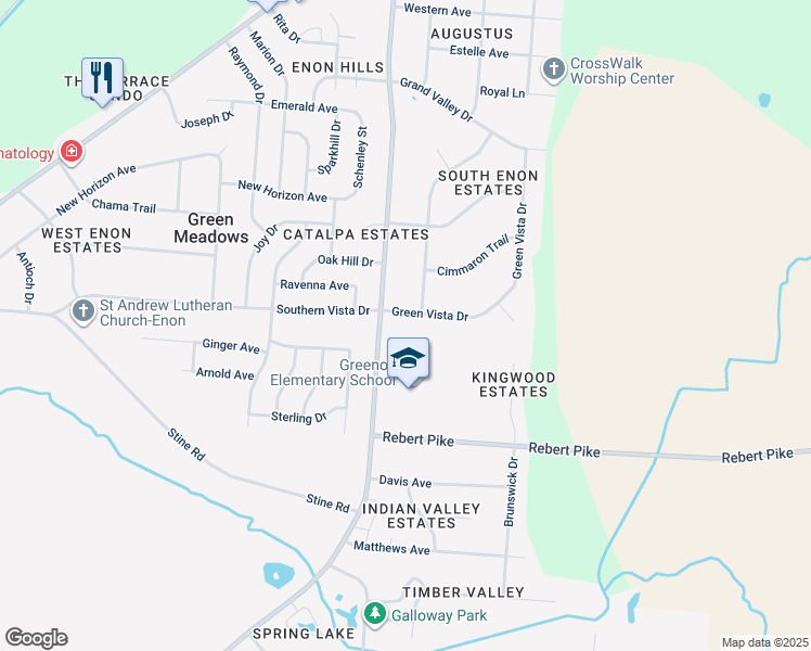 map of restaurants, bars, coffee shops, grocery stores, and more near 61 Green Vista Drive in Enon