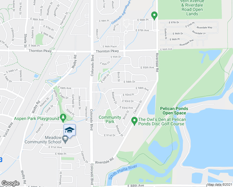 map of restaurants, bars, coffee shops, grocery stores, and more near 4333 East 93rd Place in Thornton
