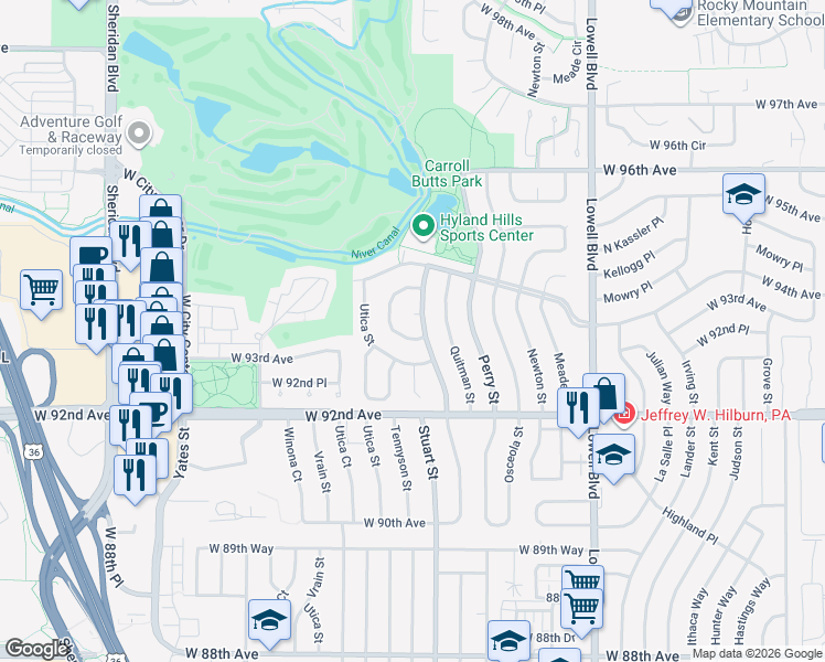 map of restaurants, bars, coffee shops, grocery stores, and more near 9319 Raleigh Court in Westminster