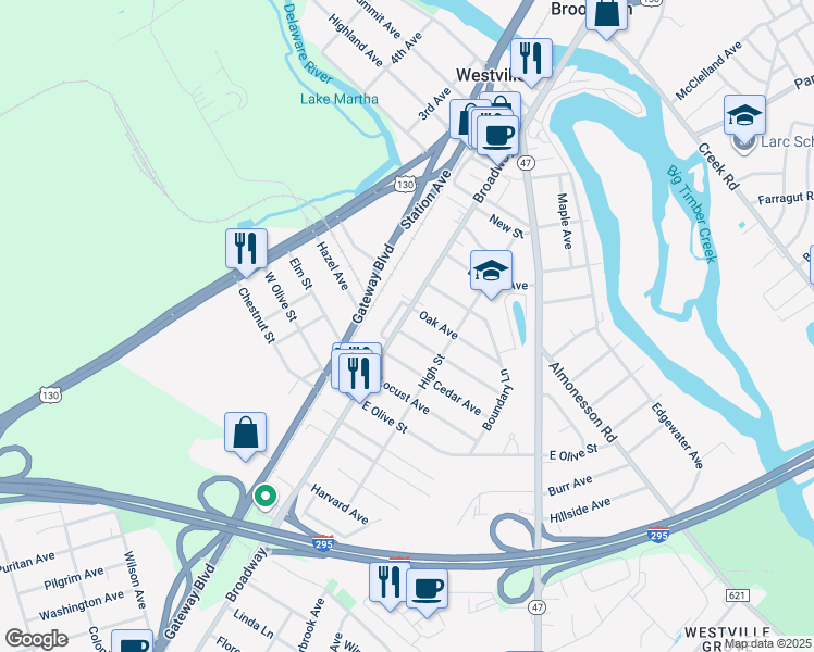 map of restaurants, bars, coffee shops, grocery stores, and more near 10 Spruce Avenue in Westville