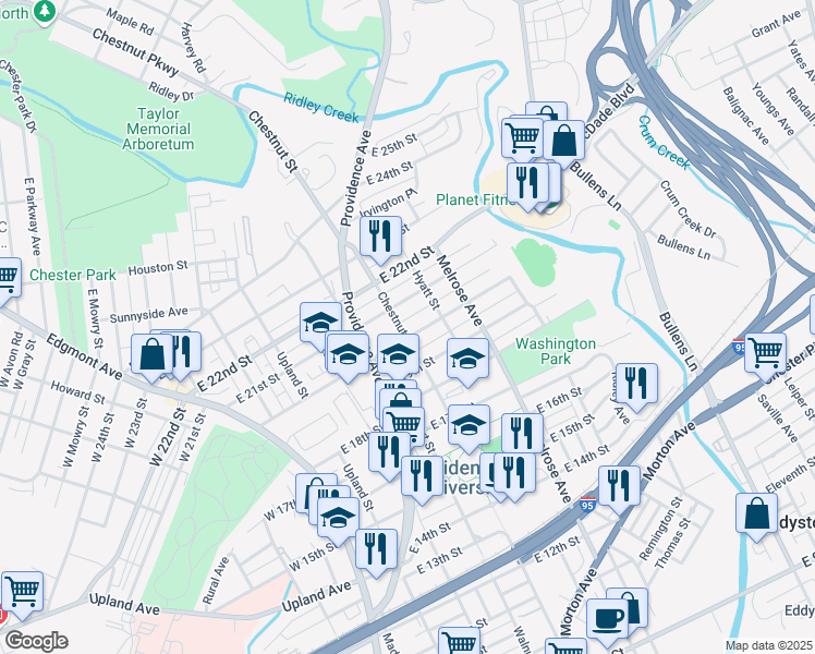 map of restaurants, bars, coffee shops, grocery stores, and more near 625 East 20th Street in Chester