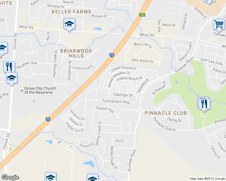 map of restaurants, bars, coffee shops, grocery stores, and more near 1965 English Turn Drive in Grove City