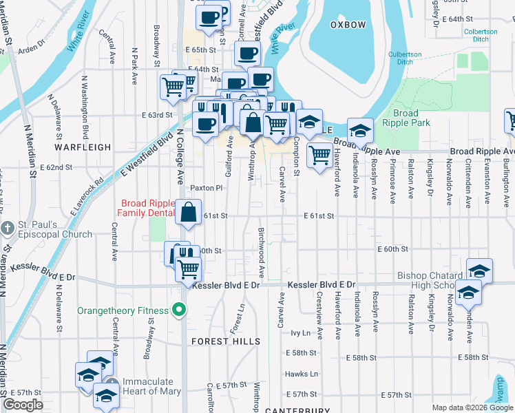 map of restaurants, bars, coffee shops, grocery stores, and more near 6048 Winthrop Avenue in Indianapolis