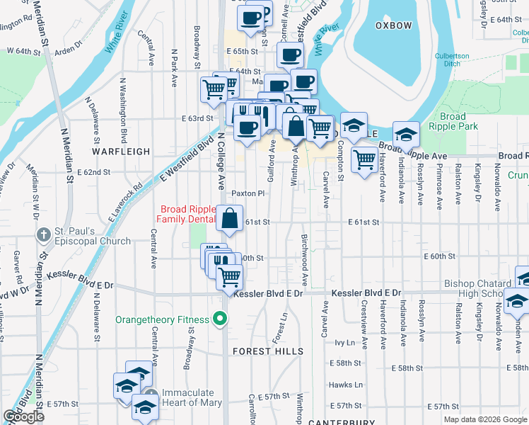 map of restaurants, bars, coffee shops, grocery stores, and more near in Indianapolis