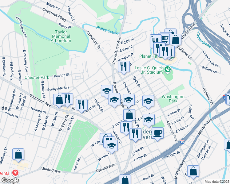 map of restaurants, bars, coffee shops, grocery stores, and more near 2100 Providence Avenue in Chester