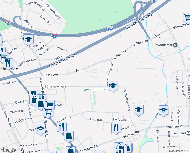 map of restaurants, bars, coffee shops, grocery stores, and more near 110 Williams Street in Lawnside