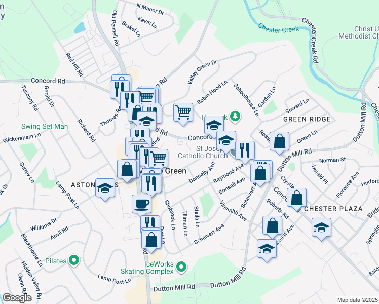 map of restaurants, bars, coffee shops, grocery stores, and more near 3471 Concord Road in Aston