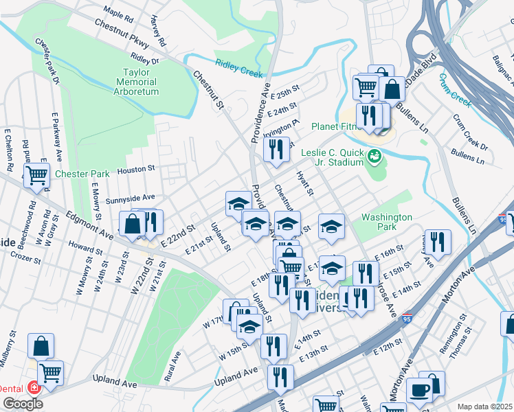 map of restaurants, bars, coffee shops, grocery stores, and more near 2100 Providence Avenue in Chester