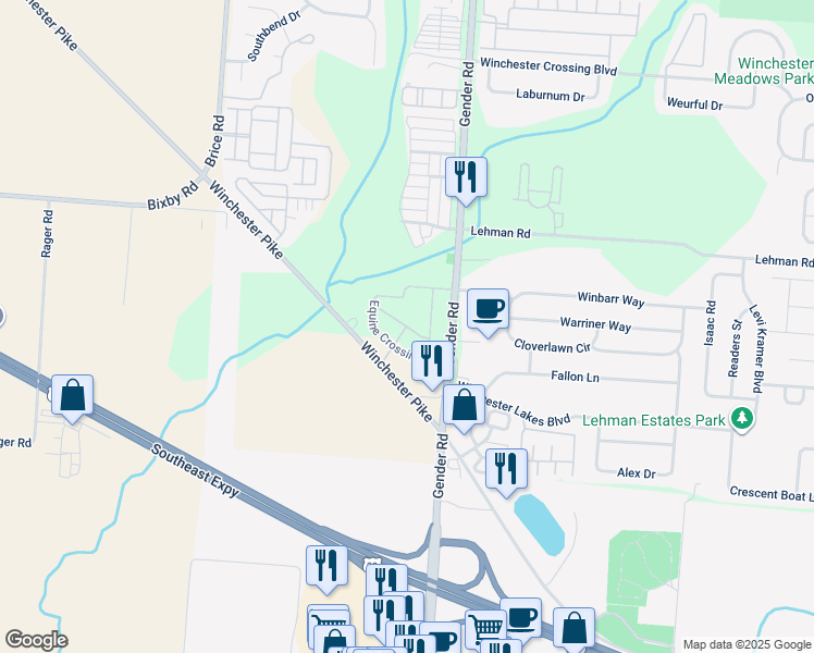 map of restaurants, bars, coffee shops, grocery stores, and more near Saddler Way in Canal Winchester