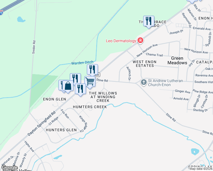 map of restaurants, bars, coffee shops, grocery stores, and more near 2144 Willow Run Circle in Enon