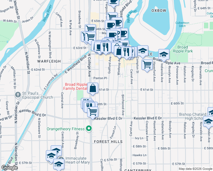 map of restaurants, bars, coffee shops, grocery stores, and more near in Indianapolis