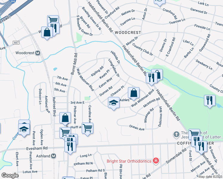 map of restaurants, bars, coffee shops, grocery stores, and more near 128 Dumas Road in Cherry Hill