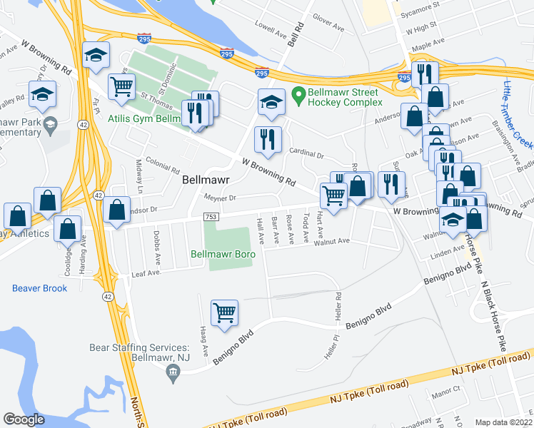 map of restaurants, bars, coffee shops, grocery stores, and more near 266 Creek Road in Bellmawr